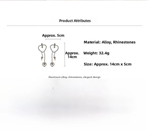 Detailed dimensions of heart tassel earrings with rhinestones showing 14cm length and 5cm width
