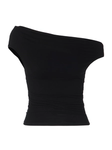 Top aderente nero monospalla da donna caratterizzato da un'elegante trama a pieghe