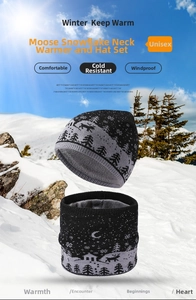 Winter knit hat and neck warmer set with snowflake deer patterns and warm fleece lining