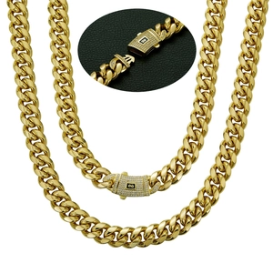 14K gold plated stainless steel Cuban chain necklace with iced out rhinestone S-clasp