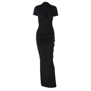 Detail view of deep V-neckline and waist pleats on this black slim fit maxi dress