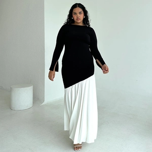 Fashionable long sleeve black and white patchwork pleated maxi dress for women