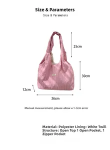 Size chart showing dimensions for a pleated pink tote bag with 36x30x12cm measurements