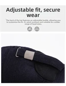 Detail of adjustable metal buckle and warm wool fabric on navy winter baseball cap