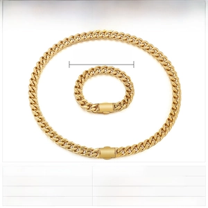 Detail view of 12mm 18K gold-plated stainless steel Cuban link necklace and bracelet set