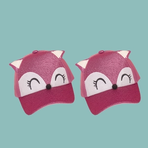 Two pack kids sparkly pink fox baseball caps with cute ears and glitter texture