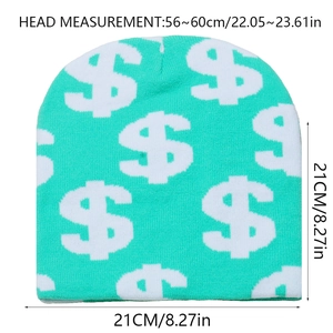 Size guide for dollar pattern beanie showing dimensions 21x21cm for 56-60cm head circumference