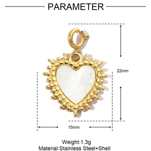 Detailed parameter diagram of gold heart shell pendant with dimensions and weight info