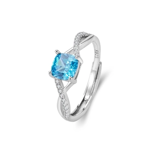 S925 sterling silver ring featuring a square blue gemstone with diamond-encrusted band