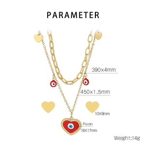 Detailed size parameter guide for gold double-layer necklace with devil eye resin heart
