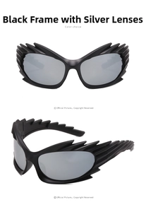 Detail of matte black spiky frame with silver mercury reflective lenses on sports sunglasses
