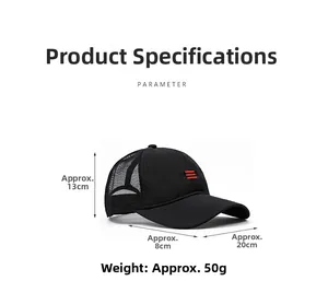 Detailed view of breathable mesh cap with dimensions and red stripe embroidery