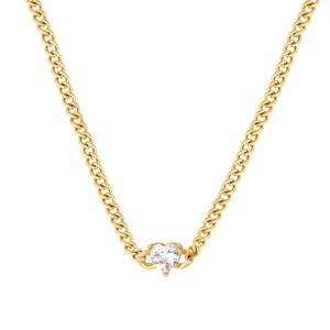 Close-up of gold chain necklace featuring a brilliant heart-cut clear zircon pendant