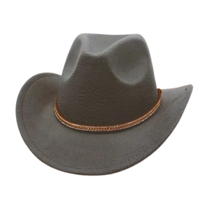 Detail of a dark grey western felt cowboy hat featuring a thin copper metal chain band