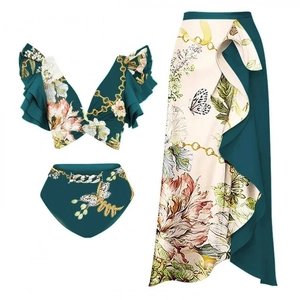 Three-piece floral print swimsuit set with ruffled V-neck top, high waist bottom and sarong