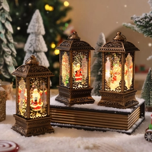 Close-up of vintage bronze Christmas water lanterns with Santa and snowman figurines