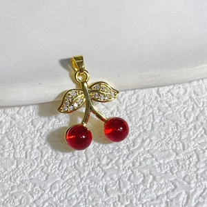 Sparkling cherry pendant with red beads and zircon gold leaves for DIY jewelry making