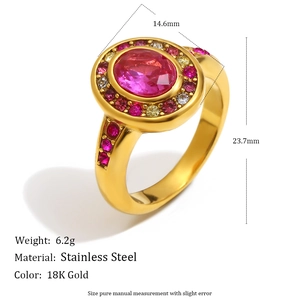 Retro 18K gold plated stainless steel ring with pink gemstone and zircon accents