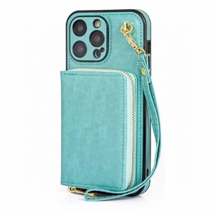Detail of lake blue suede wallet phone case with metal zipper and detachable wrist strap