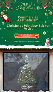 Detail of Christmas tree window sticker with golden UV dots and Happy New Year text