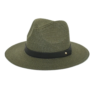 Detailed weave of olive paper straw fedora hat featuring a black leather band and gold buckle