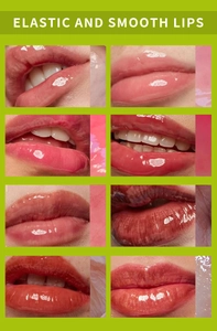 Lip gloss color palette showing diverse mirror shine shades on lips in an eight-grid layout