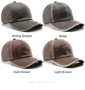 Vue détaillée de quatre casquettes de baseball vintage en vert militaire, gris et marron