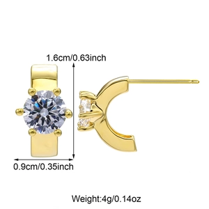 Detailed views of gold C-shape earrings with size 1.6cm and weight 4g measurements