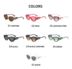 Matrix layout of cat eye sunglasses in leopard, pink, black, and various trendy colors