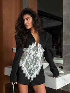 Chic black blazer with white lace patchwork design and slim fit long sleeves for women