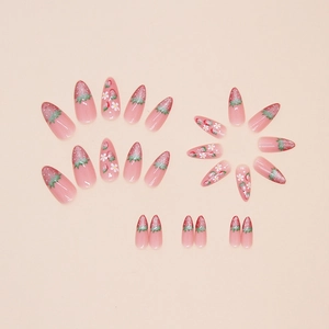 Sweet strawberry cat eye almond nails with glitter gradients and small flower patterns