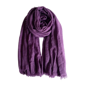 Deep purple long cotton viscose scarf with pleated texture and frayed edges for women