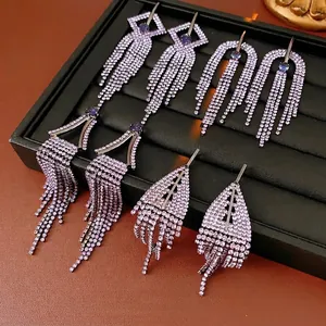 Purple Rhinestone Long Tassel Drop Earrings For Women Geometric Copper Jewelry With Silver Earring Post Luxury Fashion