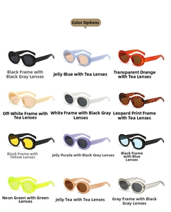 Detail overview of twelve color options for oval sunglasses including neon and jelly shades