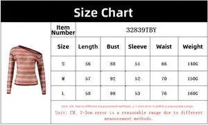 Detailed size chart for women's slim fit striped off-shoulder top in cm and grams