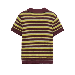 Women's 2025 summer striped knit polo shirt in burgundy, lime green and grey stripes