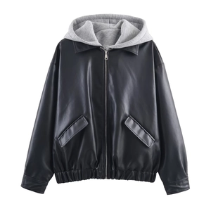 Women Hooded Faux Leather Jacket With Grey Knit Hood Patchwork Zipper Closure Casual Streetwear Outerwear Coat Black