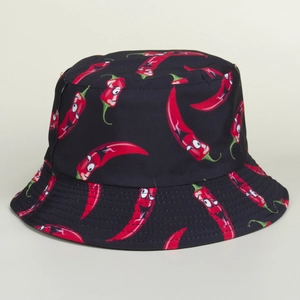 Detailed close-up of a black bucket hat with cartoon red chili pepper print and reinforced stitching