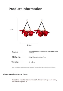 Detailed view of red flower earrings with 925 silver needles and product measurements