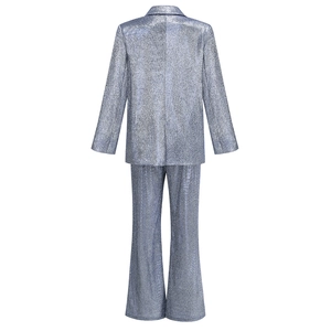 Detail of silver sequin blazer and trousers set with metallic shimmering texture and back view