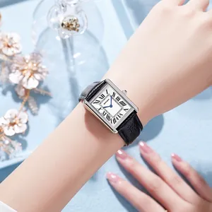 Classic rectangular quartz watch for women with black leather strap and Roman numerals