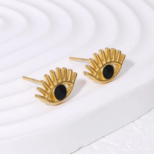 18K gold plated stainless steel Evil Eye stud earrings on a textured white background