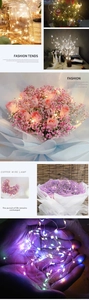 Flexible copper wire LED string lights used for decorative glass jars and floral arrangements
