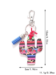 Detailed size chart of cactus keychain with leopard print and blue tassel charms