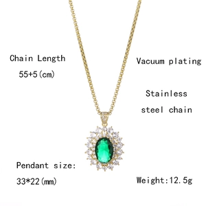 Detail of gold necklace showing green oval gemstone pendant and size measurements