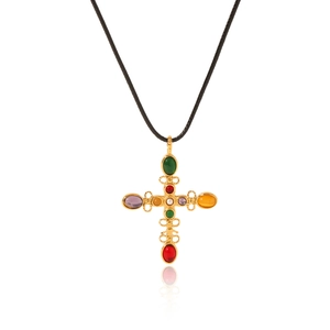 Gold stainless steel cross pendant necklace with multi-color natural stones on white background
