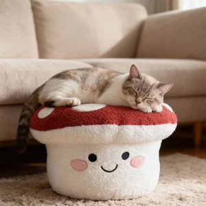 Plush red mushroom cat bed with smiling face embroidery for pets in a cozy home setting