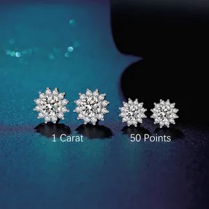 Classic 925 sterling silver sunflower moissanite stud earrings in 1 carat and 0.5 carat sizes