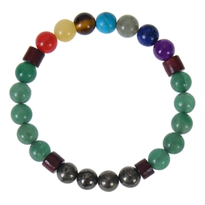 Colorful natural stone beaded bracelet with agate crystal and wooden spacers on white background