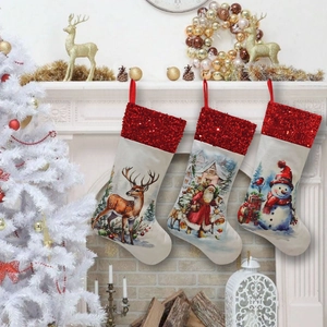 Three Christmas stockings with red sequins featuring Santa, reindeer and snowman on a mantel